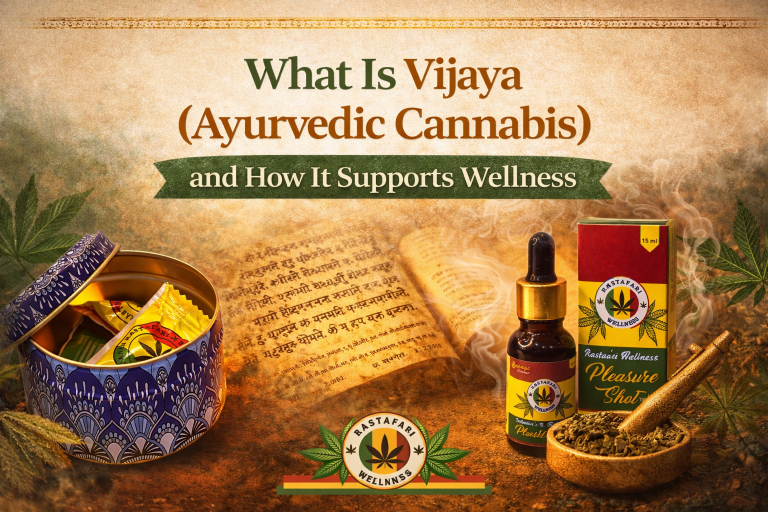Vijaya Ayurvedic cannabis wellness products by Rastafari Wellness displayed in premium packaging